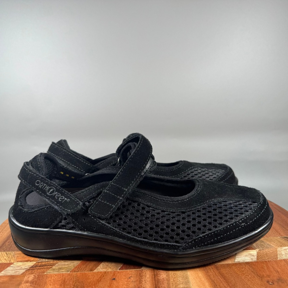 OrthoFeet 893 Black Leather Mesh Mary Jane Walking Shoes Womens 7.5 B Medium